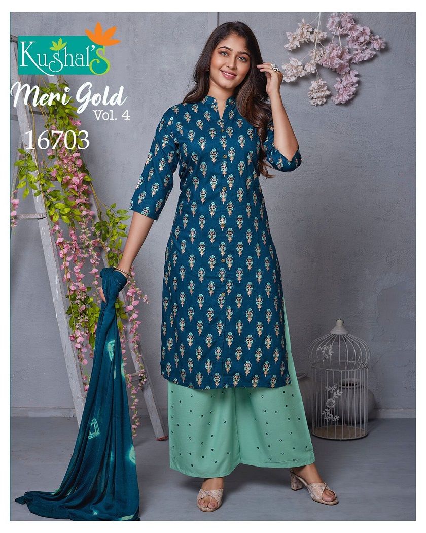 Kushal Meri Gold 4 Kurti With Plazzo And Dupatta Rayon Readymade Dress Collection
